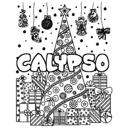 Coloring page first name CALYPSO - Christmas tree and presents background