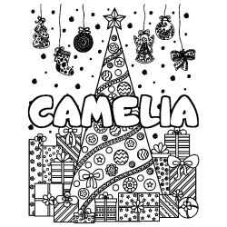 Coloring page first name CAMELIA - Christmas tree and presents background