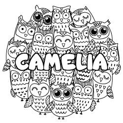 Coloring page first name CAMÉLIA - Owls background
