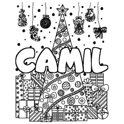 Coloring page first name CAMIL - Christmas tree and presents background
