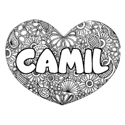 Coloring page first name CAMIL - Heart mandala background
