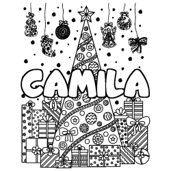 Coloring page first name CAMILA - Christmas tree and presents background