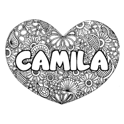 Coloring page first name CAMILA - Heart mandala background
