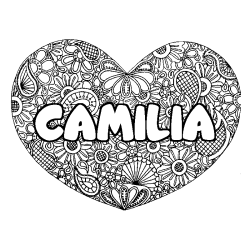 Coloring page first name CAMILIA - Heart mandala background