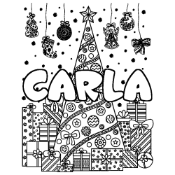 Coloring page first name CARLA - Christmas tree and presents background