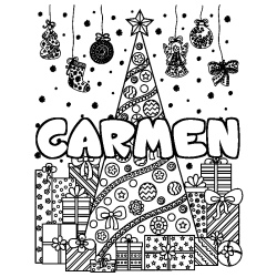 Coloring page first name CARMEN - Christmas tree and presents background