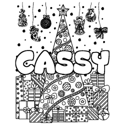 Coloring page first name CASSY - Christmas tree and presents background