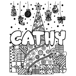 Coloring page first name CATHY - Christmas tree and presents background