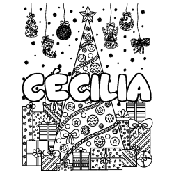 Coloring page first name CÉCILIA - Christmas tree and presents background