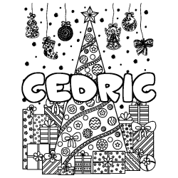 Coloring page first name CEDRIC - Christmas tree and presents background