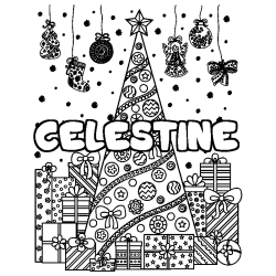 Coloring page first name CELESTINE - Christmas tree and presents background