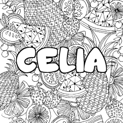 Coloring page first name CELIA - Fruits mandala background