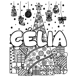 Coloring page first name CÉLIA - Christmas tree and presents background