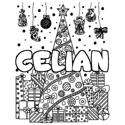 Coloring page first name CELIAN - Christmas tree and presents background