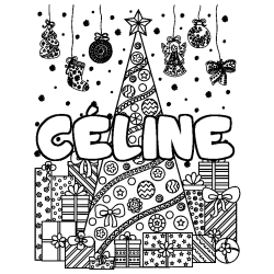 Coloring page first name CÉLINE - Christmas tree and presents background