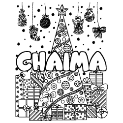 Coloring page first name CHAIMA - Christmas tree and presents background
