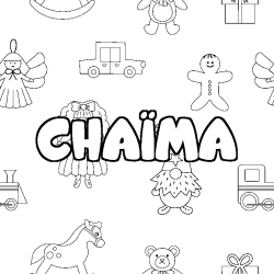 Coloring page first name CHAÏMA - Toys background