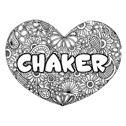 Coloring page first name CHAKER - Heart mandala background