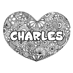 Coloring page first name CHARLES - Heart mandala background