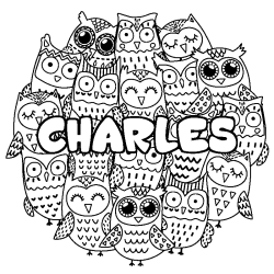 Coloring page first name CHARLES - Owls background