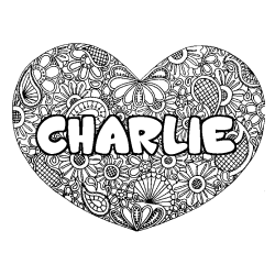 Coloring page first name CHARLIE - Heart mandala background