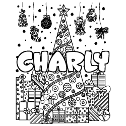Coloring page first name CHARLY - Christmas tree and presents background