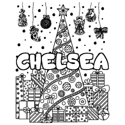 Coloring page first name CHELSEA - Christmas tree and presents background