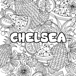 Coloring page first name CHELSEA - Fruits mandala background