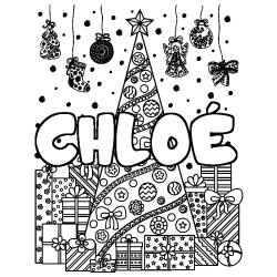 Coloring page first name CHLOÉ - Christmas tree and presents background