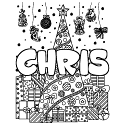 Coloring page first name CHRIS - Christmas tree and presents background