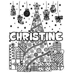 Coloring page first name CHRISTINE - Christmas tree and presents background