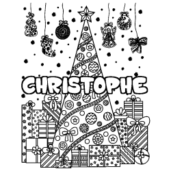 Coloring page first name CHRISTOPHE - Christmas tree and presents background