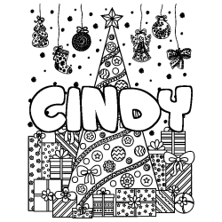 Coloring page first name CINDY - Christmas tree and presents background
