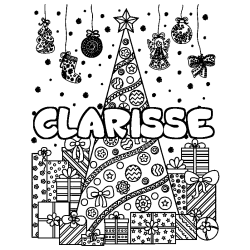 Coloring page first name CLARISSE - Christmas tree and presents background