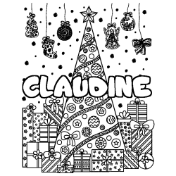 Coloring page first name CLAUDINE - Christmas tree and presents background