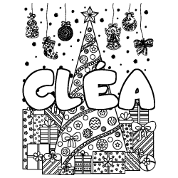 Coloring page first name CLÉA - Christmas tree and presents background