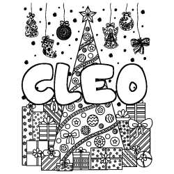 Coloring page first name CLEO - Christmas tree and presents background