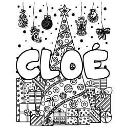 Coloring page first name CLOÉ - Christmas tree and presents background