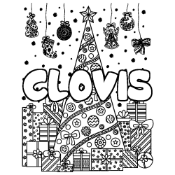 Coloring page first name CLOVIS - Christmas tree and presents background