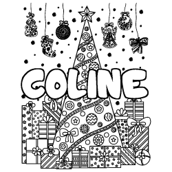 Coloring page first name COLINE - Christmas tree and presents background