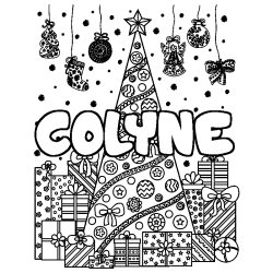 Coloring page first name COLYNE - Christmas tree and presents background