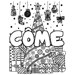 Coloring page first name CÔME - Christmas tree and presents background