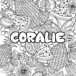 Coloring page first name CORALIE - Fruits mandala background