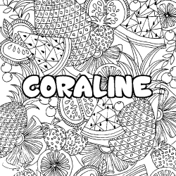 Coloring page first name CORALINE - Fruits mandala background