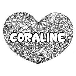 Coloring page first name CORALINE - Heart mandala background