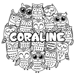 Coloring page first name CORALINE - Owls background