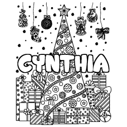 Coloring page first name CYNTHIA - Christmas tree and presents background