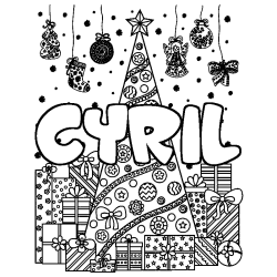 Coloring page first name CYRIL - Christmas tree and presents background