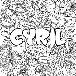 Coloring page first name CYRIL - Fruits mandala background