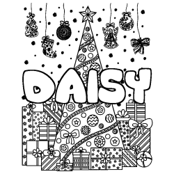 Coloring page first name DAISY - Christmas tree and presents background